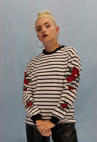STRIPED LONG-SLEEVE TEE WITH EMBROIDERED ROSES