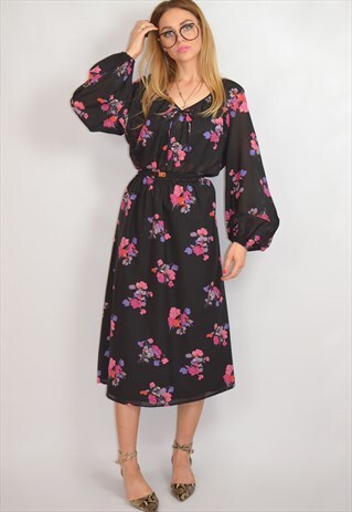 VINTAGE 70S BLACK & PINK FLORAL PRINT BOHO MIDI DRESS