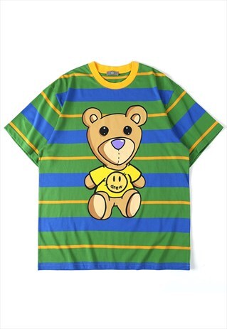 KALODIS BEAR PRINT VINTAGE STRIPE TEE IN GREEN
