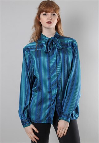 VINTAGE 80S SATIN STRIPE TIE NECK BLOUSE