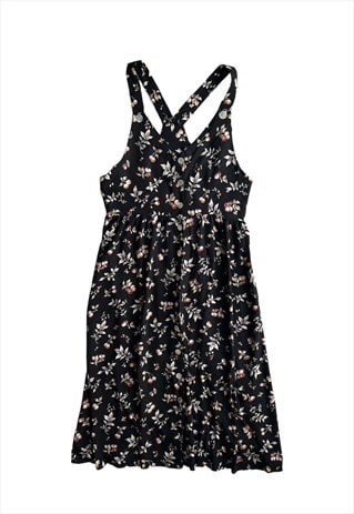 90S VINTAGE DRESS PINAFORE DUNGAREE MIDI FLORAL BLACK