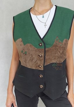 Vintage Patchwork Dirndl Vest, Black Green, Large Size