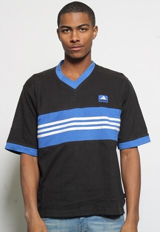 VINTAGE ADIDAS LOGO T-SHIRT STRIPED BLUE BLACK