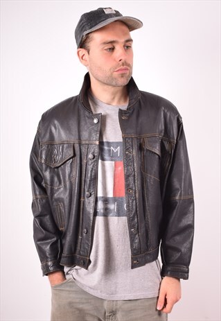 MENS VINTAGE FAUX LEATHER JACKET LARGE BLACK 90S
