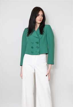 70's Vintage Ladies Jacket Green Wool Crop Blazer 