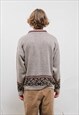 VINTAGE 80S NORDIC HALF BUTTON GEOMETRIC KNIT JUMPER MEN M