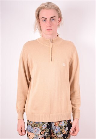 FRED PERRY MENS VINTAGE JUMPER SWEATER MEDIUM KHAKI 90S