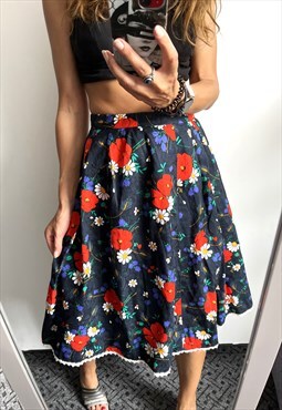 70s Floral High Waist Full romantic Vintage Skirt XS