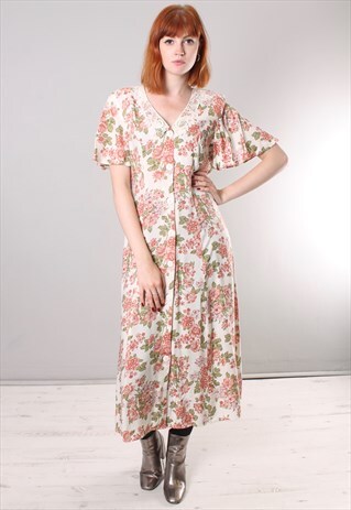 VINTAGE 80S FLORAL PATTERNED LACE TRIM BUTTON MAXI DRESS