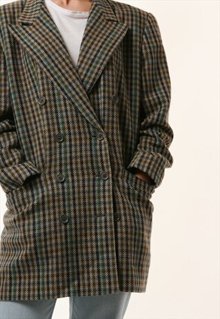 80S VINTAGE ESCADA CHECKED LONG MAXI BLAZER JACKET 1147