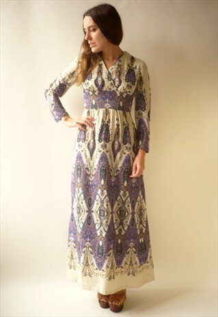 1970'S VINTAGE PAISLEY PRINT VICTORIANA STYLE MAXI DRESS