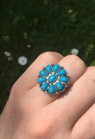 WOMENS BOHO SILVER BLUE COLOUR ETHNIC FESTIVAL FLORAL RING
