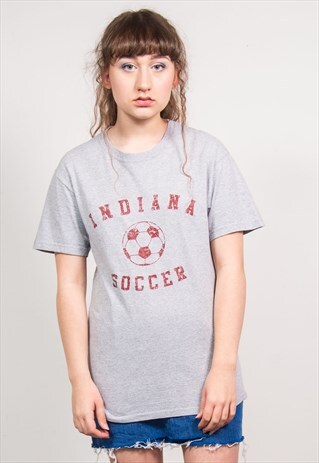 VINTAGE 90'S GREY INDIANA SOCCER PRINT SPORTS T-SHIRT