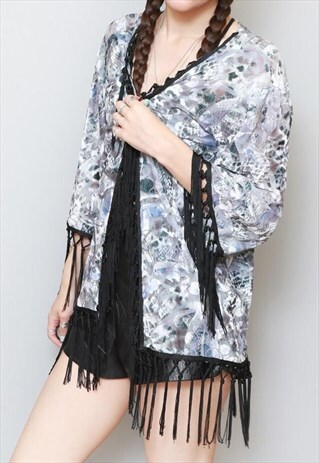 VINTAGE STYLE GREY/SILVER SILK VELVET TASSEL FESTIVAL KIMONO