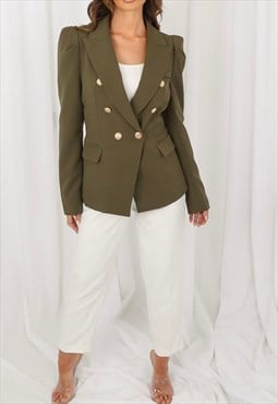 Double Breast Blazer With Puff Shoulder In Khaki