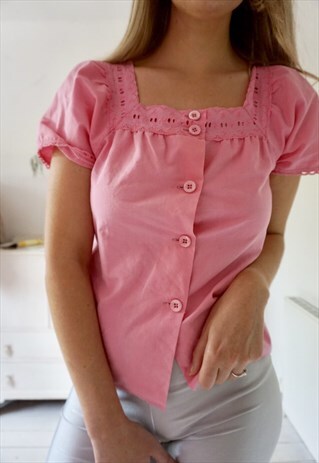 VINTAGE PINK COTTON MILK MAID BLOUSE SIZE S/M