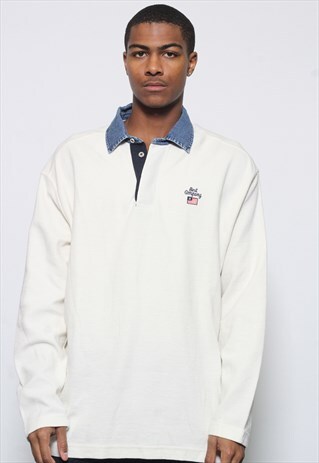 VINTAGE BEST COMPANY LONG SLEEVE RUGBY POLO SHIRT WHITE