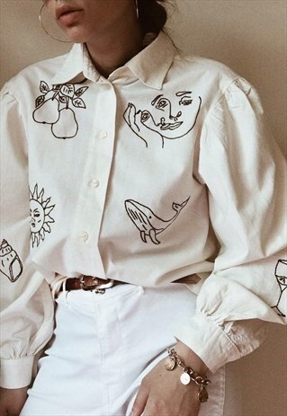 HAND EMBROIDERED OVERSIZED BEIGE SHIRT WITH PUFF SLEEVES