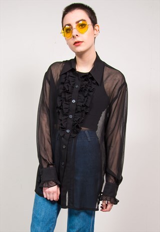 VINTAGE 90'S BLACK SHEER FRILLY LONG SLEEVE BLOUSE SHIRT