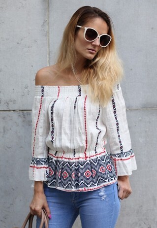 EMBROIDERED OFF-THE-SHOULDER BOHO TOP