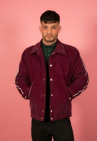 MENS VINTAGE BURGUNDY CORD BOMBER JACKET MAPLE LEAFS PATCH