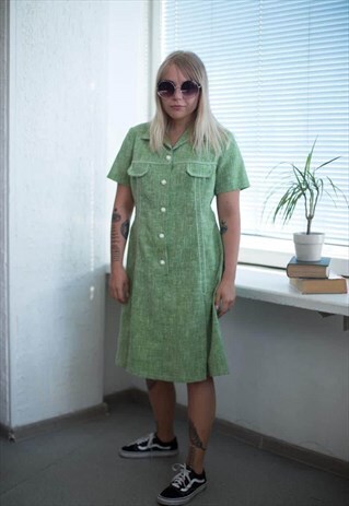 VINTAGE 80'S GREEN MIDI SHORT SLEEVED DRESS