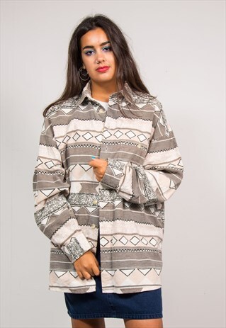 90'S VINTAGE GREY AZTEC PATTERN FLANNEL SHIRT