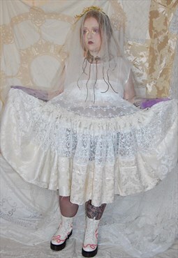 White Vintage Lace Mini Dress Fairy Grunge Sheer Floral L/XL