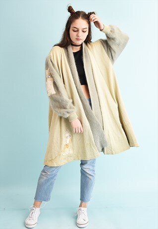 80'S RETRO EMBROIDERED FLUFFY KNIT MOMS OPEN FRONT CARDI
