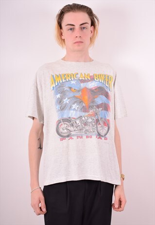 MENS VINTAGE AMERICAN BIKER T-SHIRT TOP LARGE GREY 90S