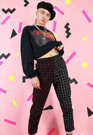 VINTAGE INSPIRED CHECK TROUSERS Y2K RED & BLACK LEGS TARTAN