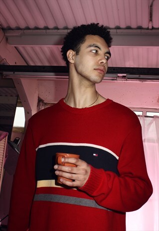 VINTAGE TOMMY HILFIGER RED AND NAVY KNITTED JUMPER