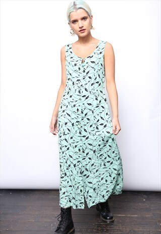 VINTAGE 90S GREEN LEAF PRINT BUTTON MIDI DRESS