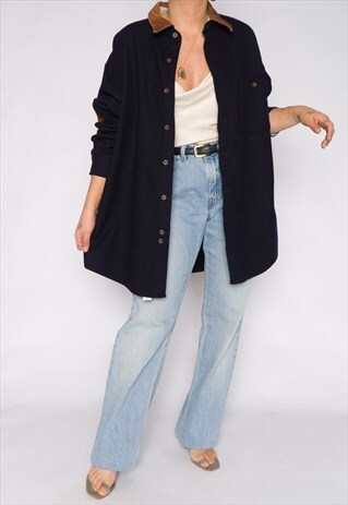 UNISEX NAVY WOOLRICH FLANNEL LEATHER BROWN COLLAR TOP