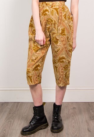 VINTAGE 70'S BROWN PAISLEY PATTERN CROPPED TROUSERS