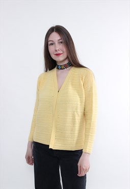 Vintage yellow cardigan, minimalist v-neck sweater cardigan