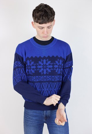 VINTAGE 90S PATTERNED BLUE KNIT JUMPER