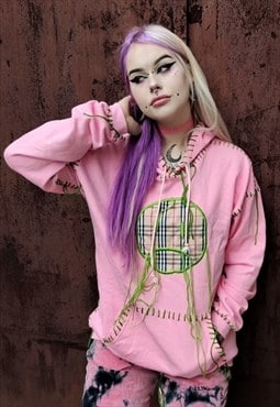 Emoji applique hoodie tartan patch handmade pullover pink