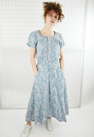 VINTAGE 80S FLORAL MIDI TEA DRESS WITH POCKETS