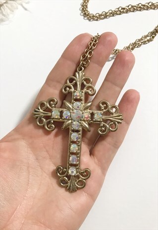 1990'S IRIDESCENT GEM STATEMENT CROSS NECKLACE