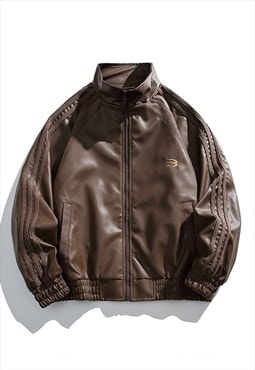 Faux leather sports jacket PU college varsity jacket brown