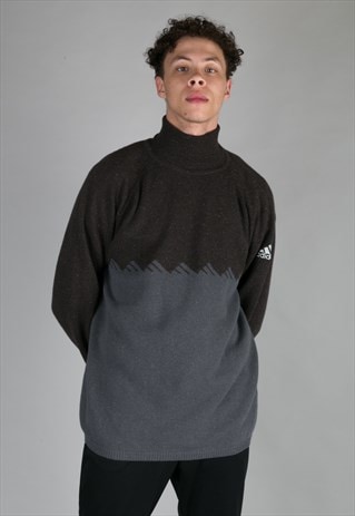 VINTAGE ADIDAS TURTLENECK ROUND NECK KNITTED JUMPER BROWN