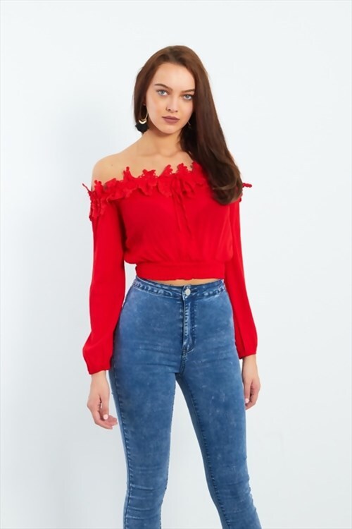 red crochet neckline bardot crop top