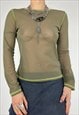 VINTAGE Y2K TOP MESH KHAKI LONG SLEEVES GRUNGE SHEER 90S 00S