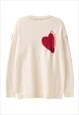 HEART PATCH SWEATER FLEECE JUMPER RETRO LOVE TOP IN CREAM