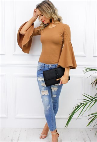 CAMEL BELL RUFFLE LONG SLEEVE BLOUSE SHIRT TOP