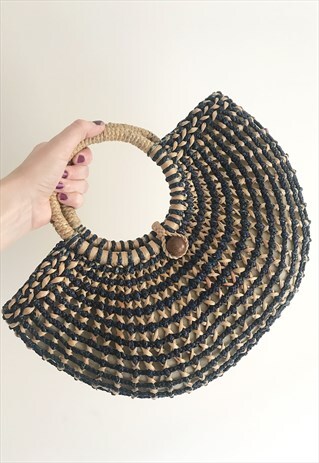 VINTAGE 1970S BLUE WOVEN STAW BASKET RAFFIA BAG