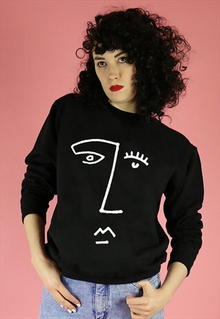 FACE ART PRINT LINE DRAWING SWEATER SWEATSHIRT BLACK JUMPER