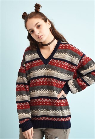 90'S RETRO JAZZY FAIR ISLE PATTERN KNIT JUMPER
