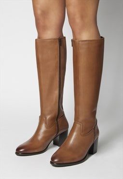 KIM - Real Leather Mid Heeled Knee Boots in Brown